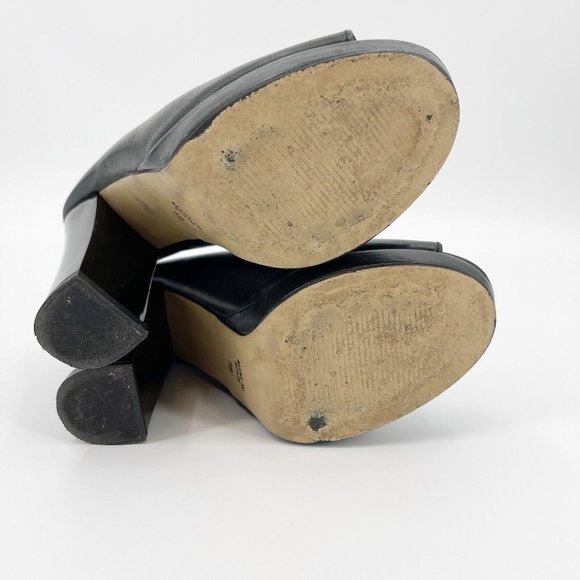 Black Leather Platform Mule Peep Toe Patent Block Heels - Picture 8 of 9